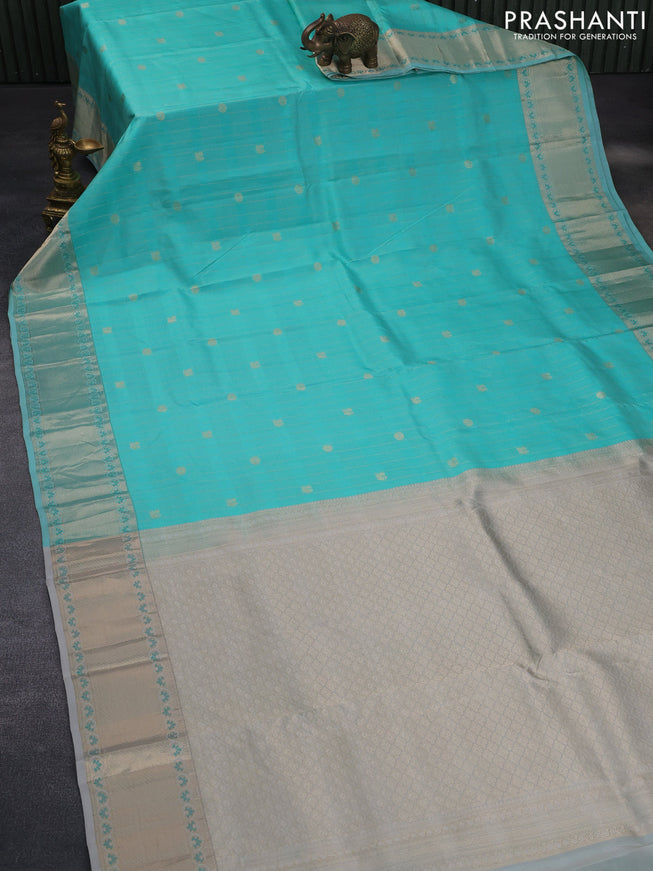 Pure kanchipuram silk saree teal blue shade and pastel grey with allover zari checks & annam buttas and zari woven border & aari work blouse