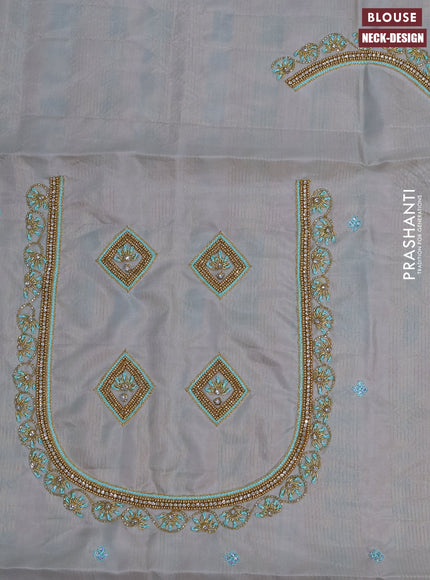 Pure kanchipuram silk saree teal blue shade and pastel grey with allover zari checks & annam buttas and zari woven border & aari work blouse