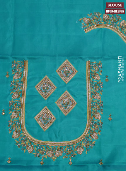 Pure kanchipuram silk saree pastel pink and teal blue with allover zari woven brocade weaves and zari woven border & aari work blouse