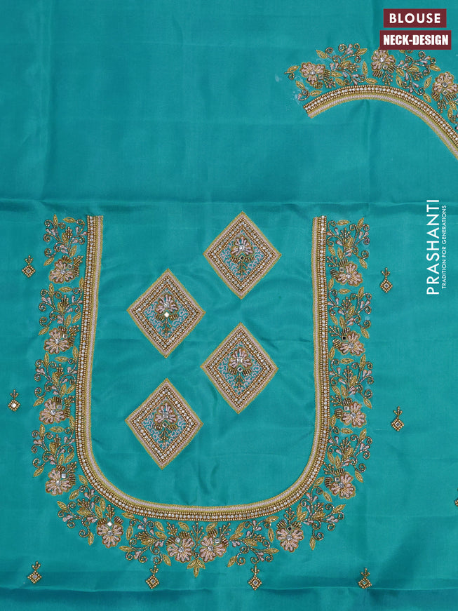 Pure kanchipuram silk saree pastel pink and teal blue with allover zari woven brocade weaves and zari woven border & aari work blouse