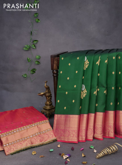 Pure kanchipuram silk saree green and dual shade of pinkish orange with zari woven floral buttas and zari woven border & aari work blouse