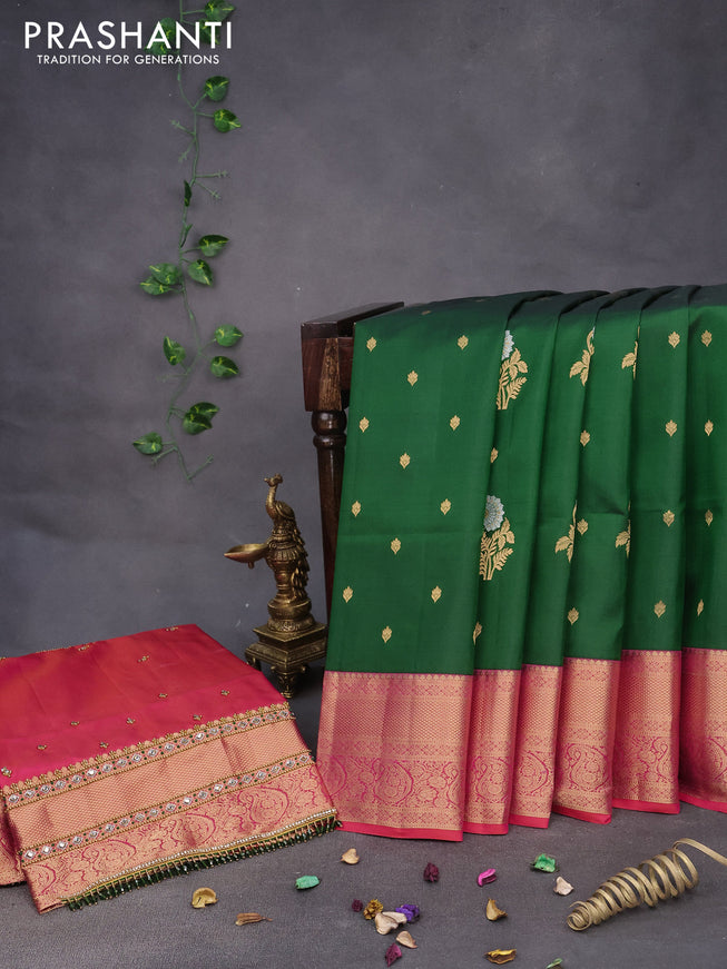 Pure kanchipuram silk saree green and dual shade of pinkish orange with zari woven floral buttas and zari woven border & aari work blouse