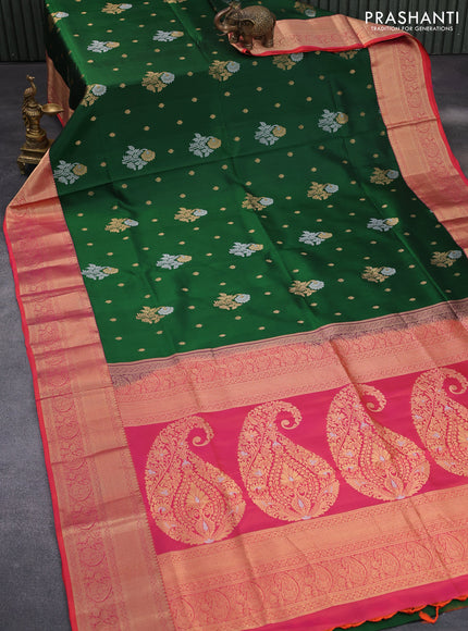 Pure kanchipuram silk saree green and dual shade of pinkish orange with zari woven floral buttas and zari woven border & aari work blouse