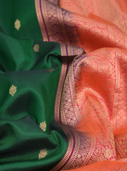 Pure kanchipuram silk saree green and dual shade of pinkish orange with zari woven floral buttas and zari woven border & aari work blouse