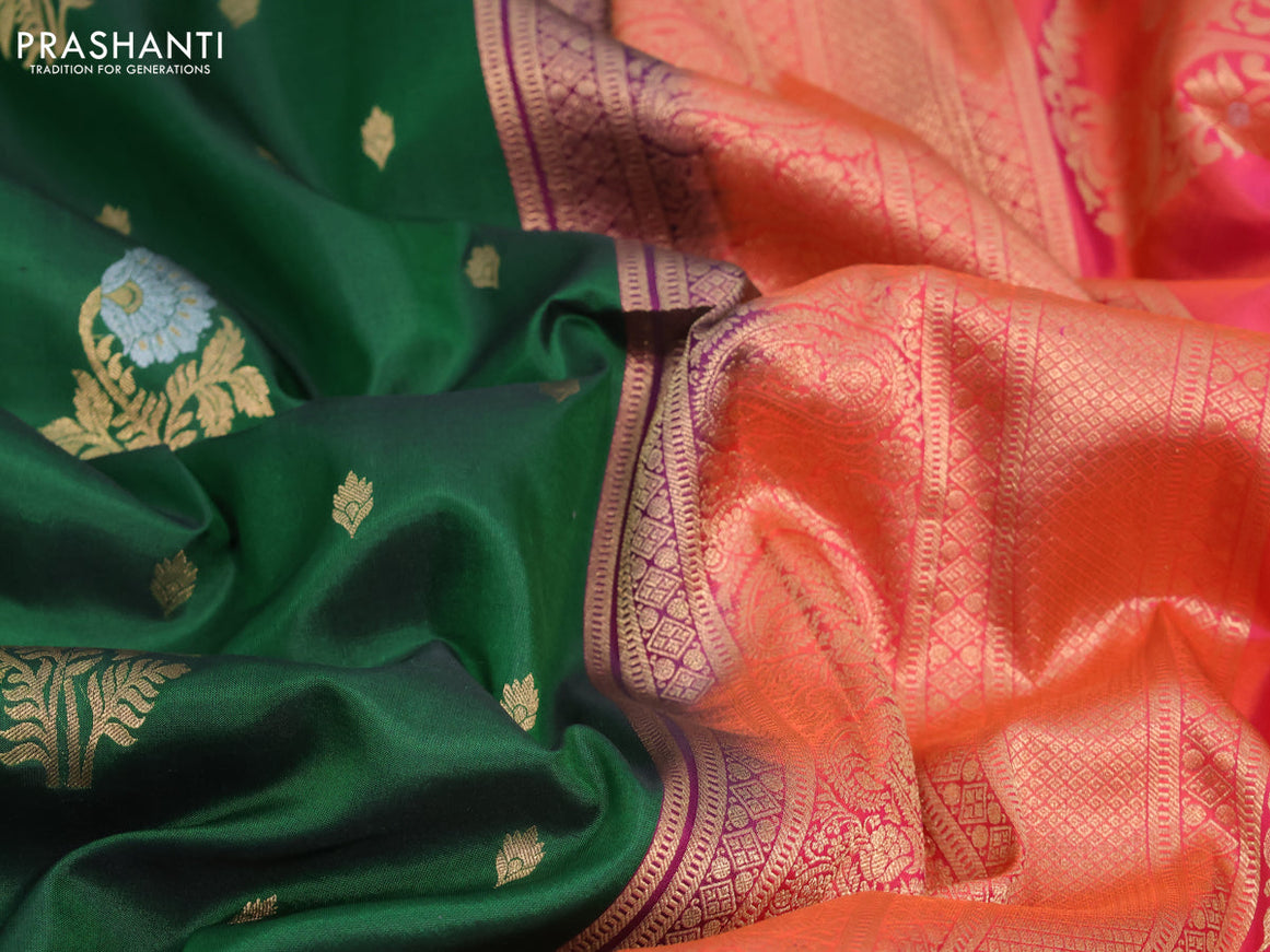 Pure kanchipuram silk saree green and dual shade of pinkish orange with zari woven floral buttas and zari woven border & aari work blouse