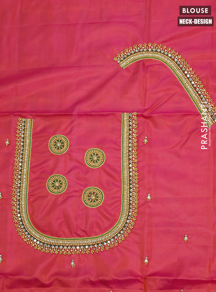 Pure kanchipuram silk saree green and dual shade of pinkish orange with zari woven floral buttas and zari woven border & aari work blouse