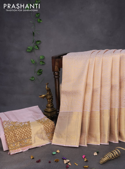 Pure kanchipuram silk saree pastel pink with allover zari woven brocade weaves and long zari woven border & aari work blouse