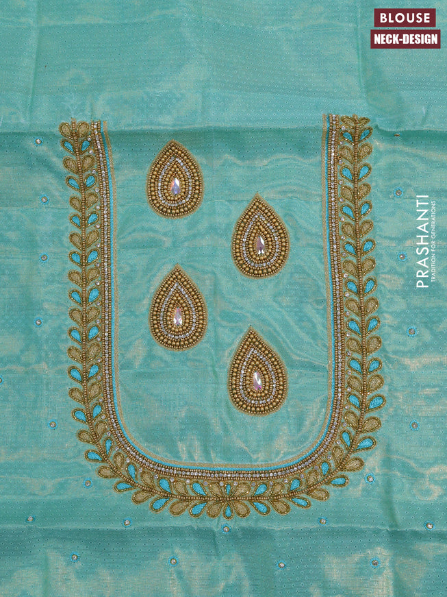 Pure kanchipuram tissue silk saree teal blue shade with allover zari woven brocade weaves and long zari woven border & aari work blouse