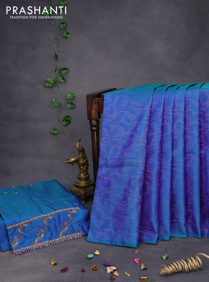 Pure kanchipuram silk saree dual shade of bluish green with allover zari woven brocade weaves in borderless style & aari work blouse