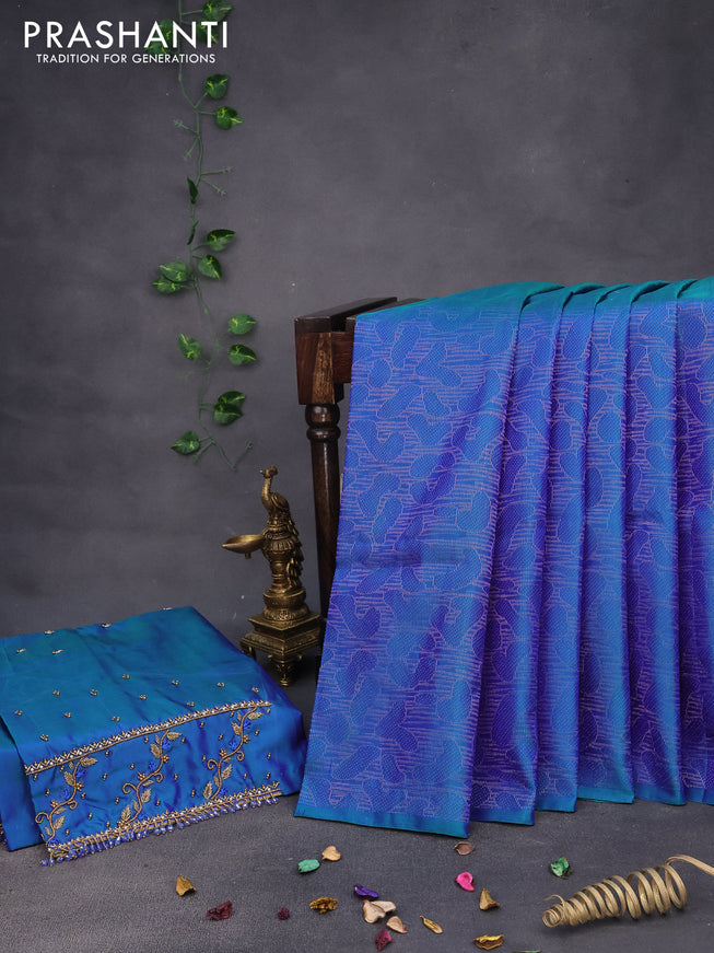 Pure kanchipuram silk saree dual shade of bluish green with allover zari woven brocade weaves in borderless style & aari work blouse