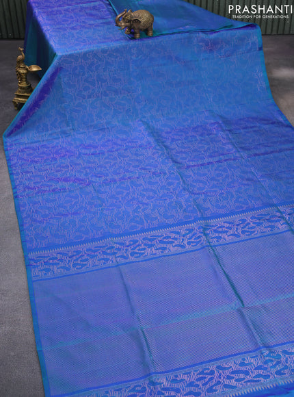 Pure kanchipuram silk saree dual shade of bluish green with allover zari woven brocade weaves in borderless style & aari work blouse