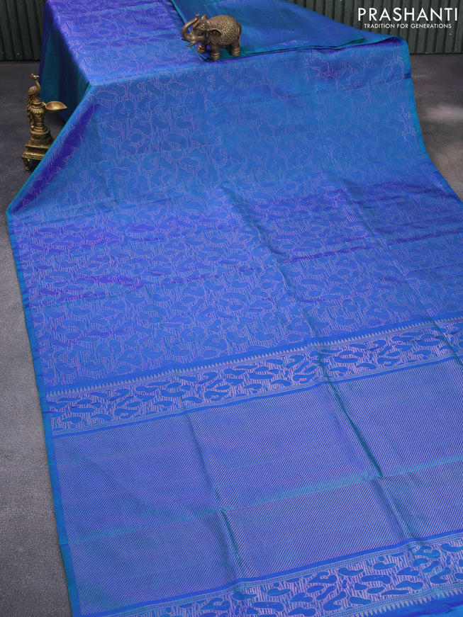 Pure kanchipuram silk saree dual shade of bluish green with allover zari woven brocade weaves in borderless style & aari work blouse