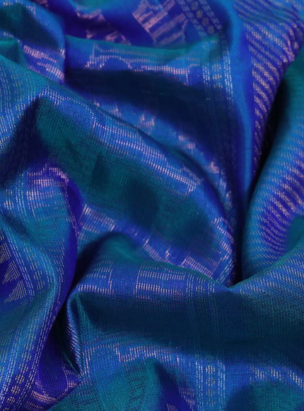 Pure kanchipuram silk saree dual shade of bluish green with allover zari woven brocade weaves in borderless style & aari work blouse