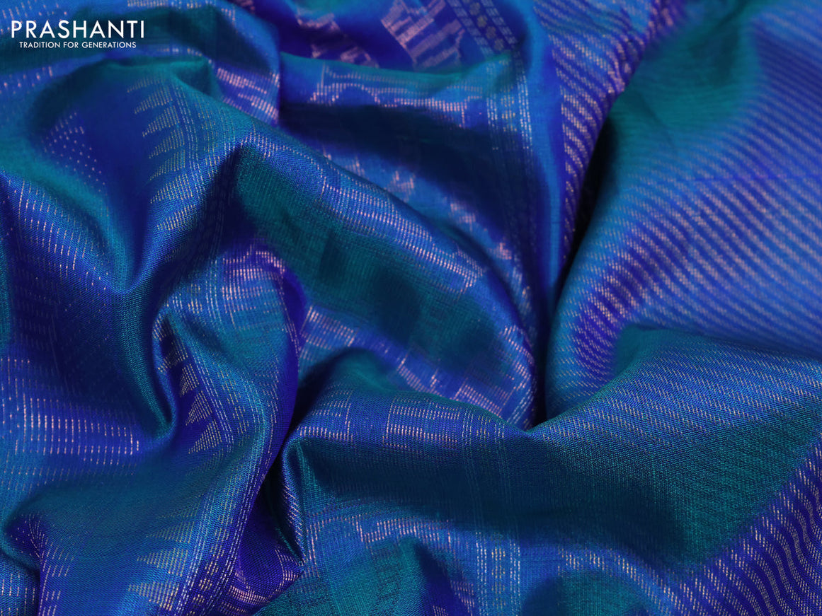 Pure kanchipuram silk saree dual shade of bluish green with allover zari woven brocade weaves in borderless style & aari work blouse