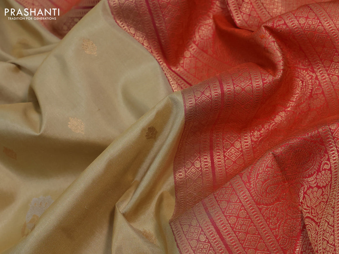 Pure kanchipuram silk saree sandal and dual shade of pinkish orange with zari woven buttas and zari woven border & aari work blouse