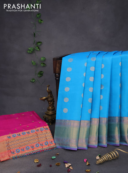 Pure kanchipuram silk saree cs blue and pink with zari woven buttas and zari woven border & aari work blouse