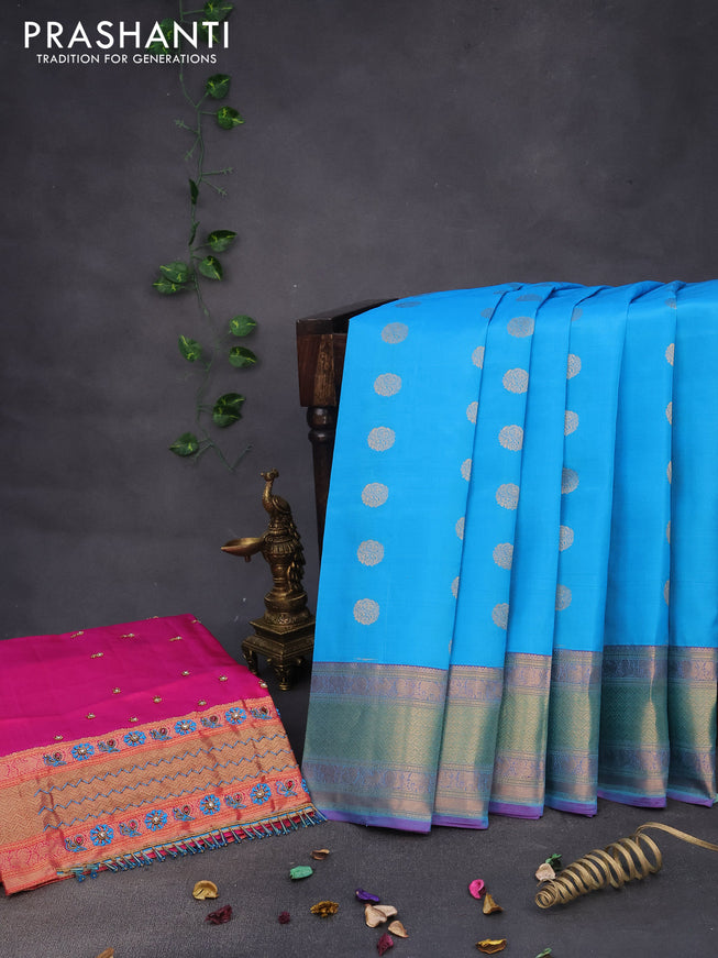 Pure kanchipuram silk saree cs blue and pink with zari woven buttas and zari woven border & aari work blouse