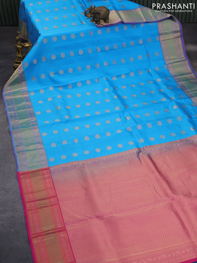 Pure kanchipuram silk saree cs blue and pink with zari woven buttas and zari woven border & aari work blouse