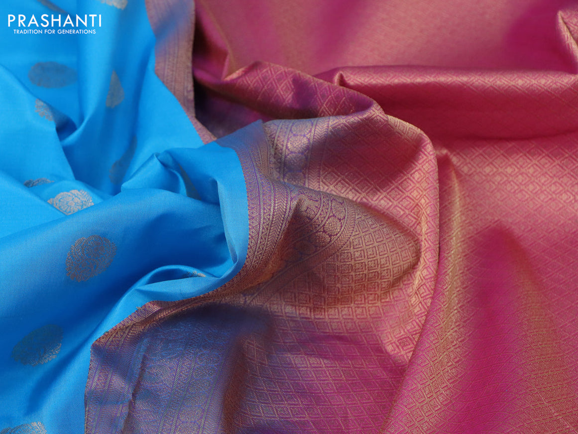 Pure kanchipuram silk saree cs blue and pink with zari woven buttas and zari woven border & aari work blouse