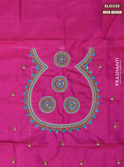 Pure kanchipuram silk saree cs blue and pink with zari woven buttas and zari woven border & aari work blouse