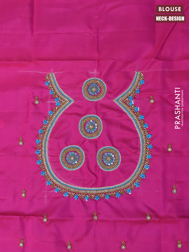 Pure kanchipuram silk saree cs blue and pink with zari woven buttas and zari woven border & aari work blouse