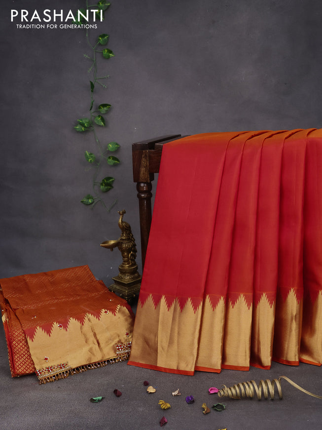 Pure kanchipuram silk saree dual shade of pinkish orange with plain body and temple deisgn zari woven border & aari work blouse