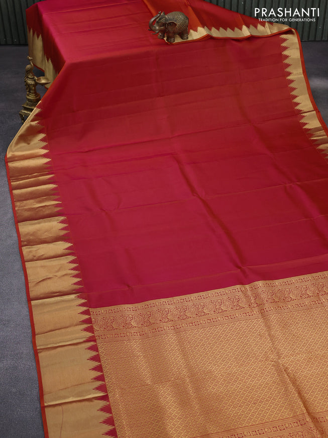 Pure kanchipuram silk saree dual shade of pinkish orange with plain body and temple deisgn zari woven border & aari work blouse