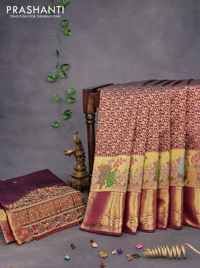 Pure kanchipuram silk saree deep purple with allover zari woven brocade weaves and long zari woven border & aari work blouse