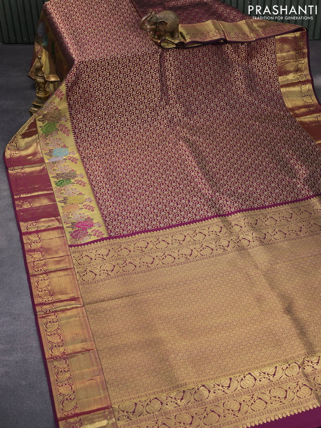 Pure kanchipuram silk saree deep purple with allover zari woven brocade weaves and long zari woven border & aari work blouse