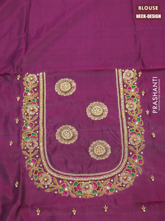 Pure kanchipuram silk saree deep purple with allover zari woven brocade weaves and long zari woven border & aari work blouse