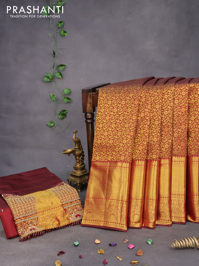 Pure kanchipuram silk saree maroon with allover zari woven brocade weaves and long zari woven border & aari work blouse