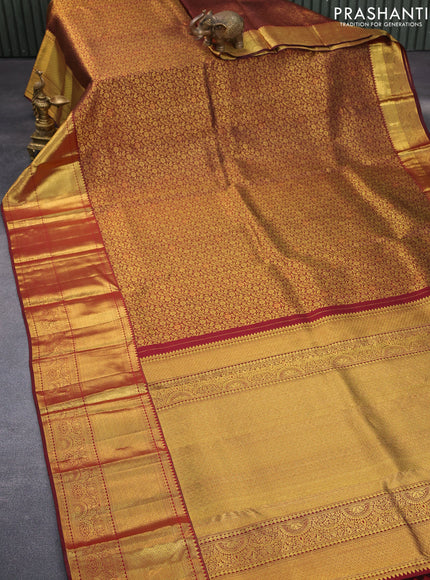 Pure kanchipuram silk saree maroon with allover zari woven brocade weaves and long zari woven border & aari work blouse