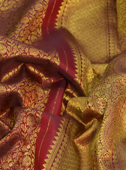 Pure kanchipuram silk saree maroon with allover zari woven brocade weaves and long zari woven border & aari work blouse