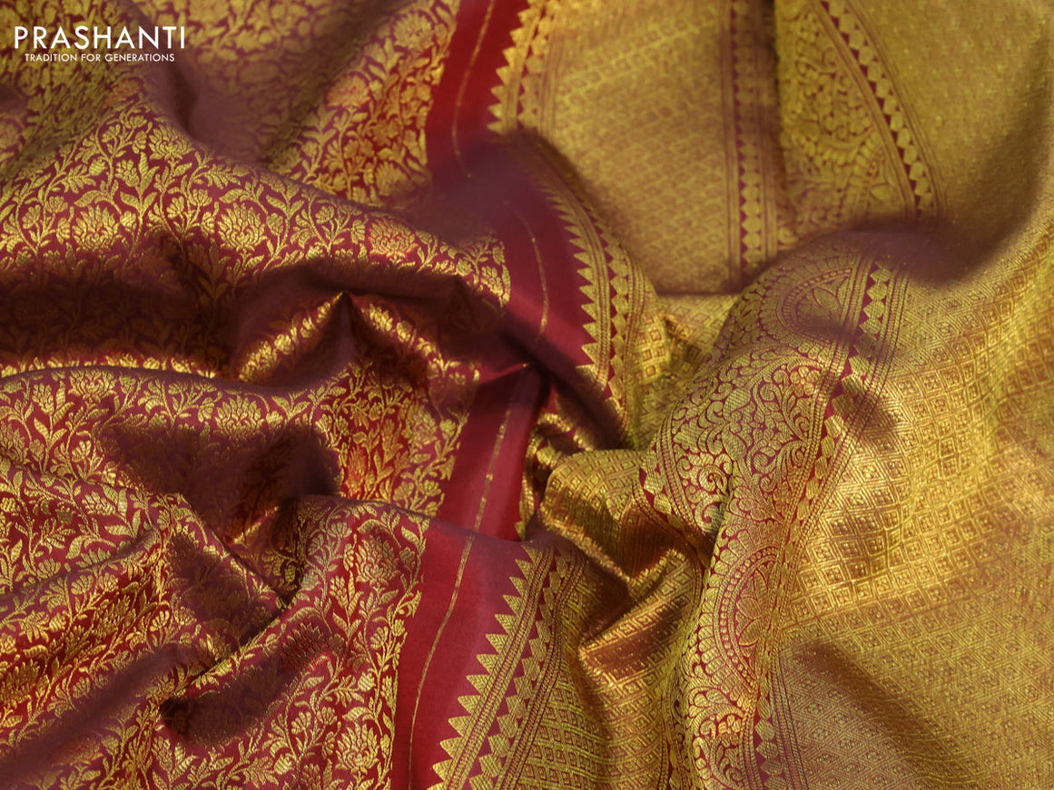 Pure kanchipuram silk saree maroon with allover zari woven brocade weaves and long zari woven border & aari work blouse