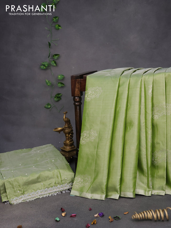 Pure kanchipuram tissue silk saree green shade with silver zari woven buttas in borderless style & aari work blouse