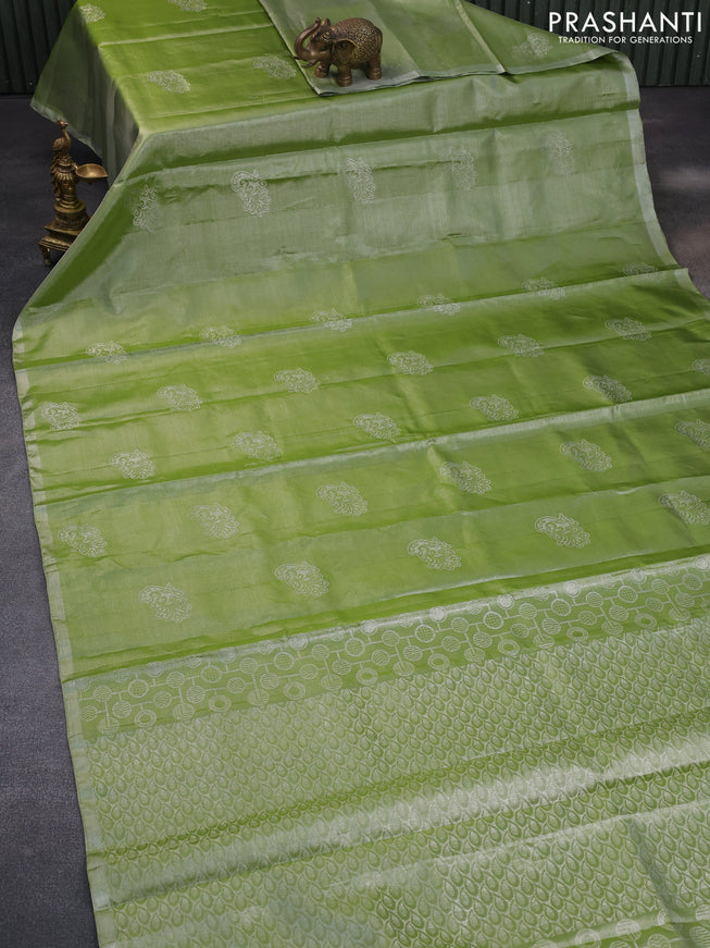 Pure kanchipuram tissue silk saree green shade with silver zari woven buttas in borderless style & aari work blouse