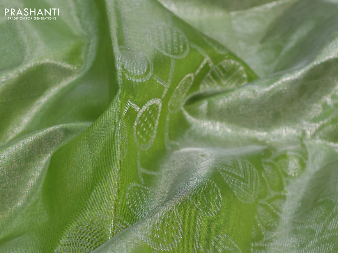 Pure kanchipuram tissue silk saree green shade with silver zari woven buttas in borderless style & aari work blouse