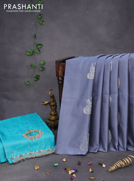 Pure kanchipuram silk saree grey and teal blue with plain body in borderless style & aari work blouse