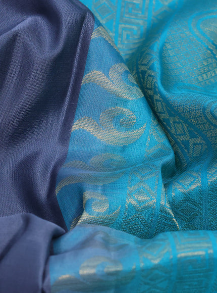 Pure kanchipuram silk saree grey and teal blue with plain body in borderless style & aari work blouse