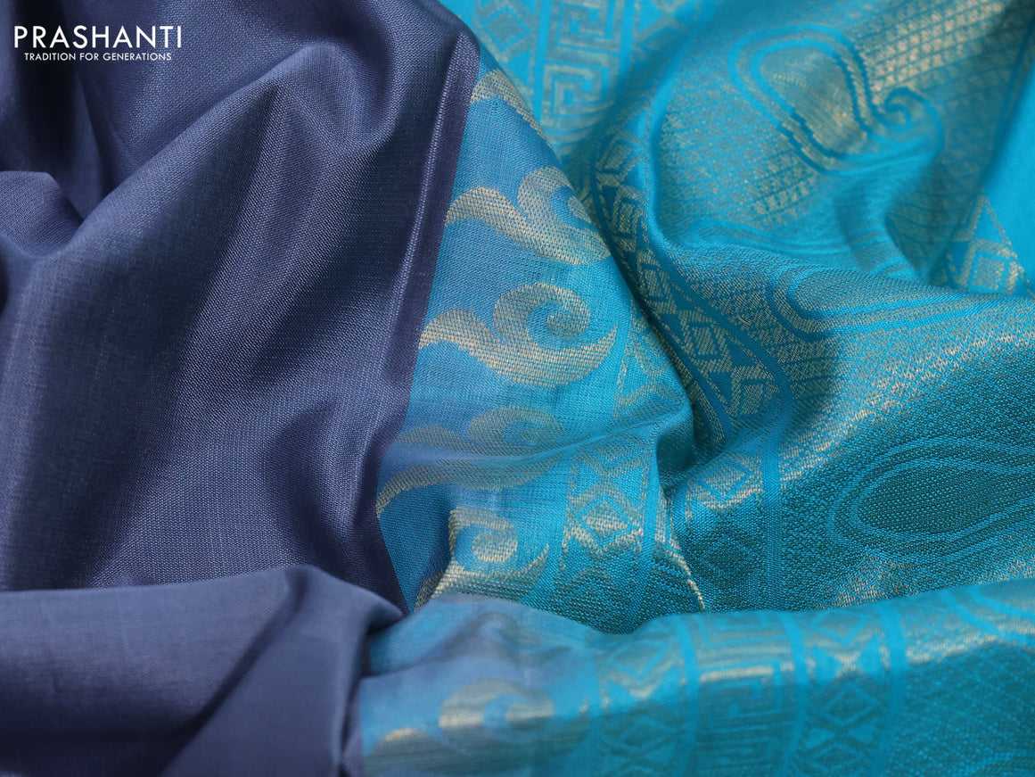 Pure kanchipuram silk saree grey and teal blue with plain body in borderless style & aari work blouse