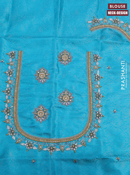 Pure kanchipuram silk saree grey and teal blue with plain body in borderless style & aari work blouse