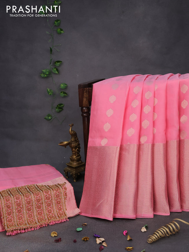 Pure kanchipuram tissue silk saree light pink with zari woven buttas and long zari woven border & aari work blouse