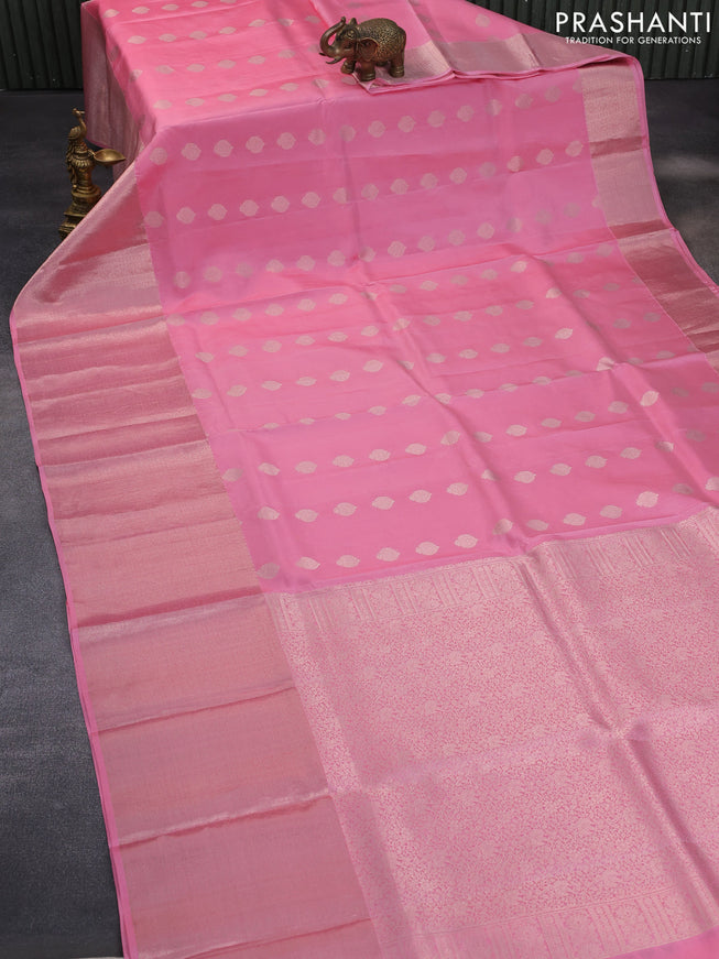 Pure kanchipuram tissue silk saree light pink with zari woven buttas and long zari woven border & aari work blouse