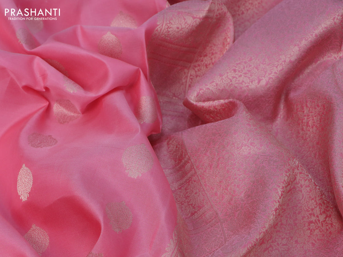 Pure kanchipuram tissue silk saree light pink with zari woven buttas and long zari woven border & aari work blouse