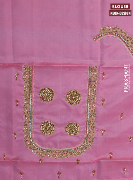 Pure kanchipuram tissue silk saree light pink with zari woven buttas and long zari woven border & aari work blouse