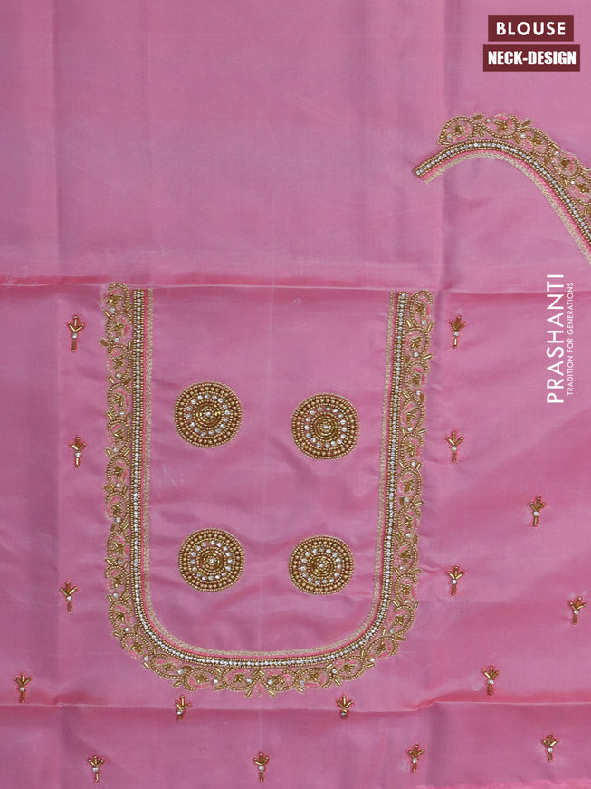 Pure kanchipuram tissue silk saree light pink with zari woven buttas and long zari woven border & aari work blouse