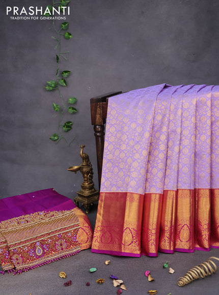 Pure kanchipuram silk saree lavender shade and purple with allover zari woven brocade weaves and long zari woven border & aari work blouse