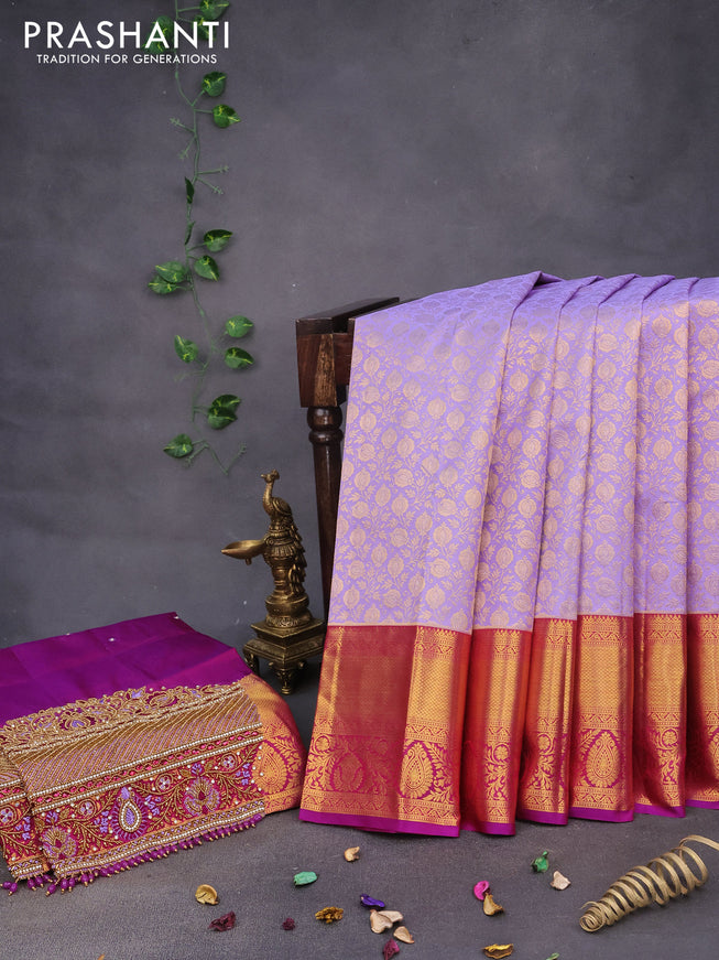 Pure kanchipuram silk saree lavender shade and purple with allover zari woven brocade weaves and long zari woven border & aari work blouse