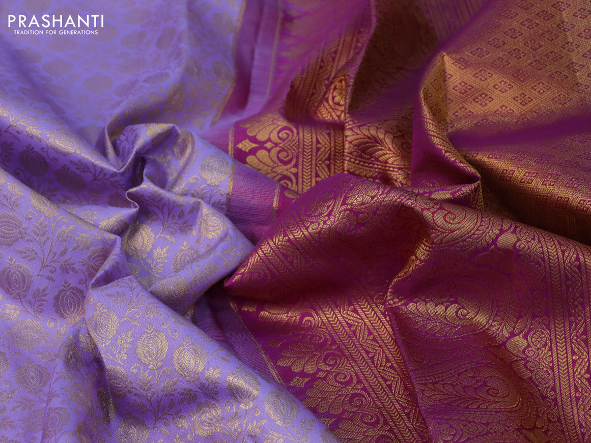 Pure kanchipuram silk saree lavender shade and purple with allover zari woven brocade weaves and long zari woven border & aari work blouse