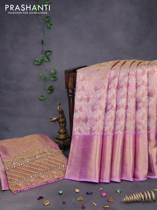 Pure kanchipuram silk saree gold and lavender shade with allover zari woven brocade weaves and long zari woven border & aari work blouse